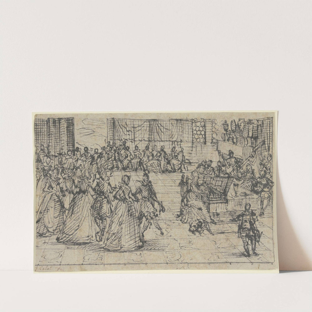 Kavaliere und Damen beim Tanze, eine Dame spielt Klavier und wird von einem Orchester begleitet by Jacques Callot