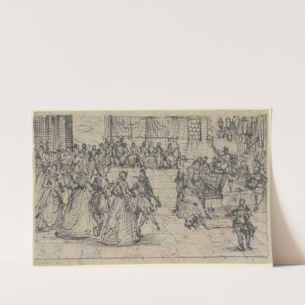 Kavaliere und Damen beim Tanze, eine Dame spielt Klavier und wird von einem Orchester begleitet by Jacques Callot