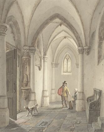 Kerkinterieur met man die bedelaarster een aalmoes geeft
