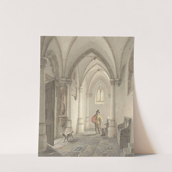 Kerkinterieur met man die bedelaarster een aalmoes geeft by Georg Gillis van Haanen