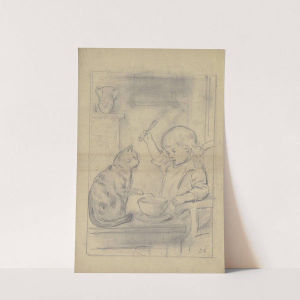 Kind am Esstisch mit Katze by Otto Scholderer