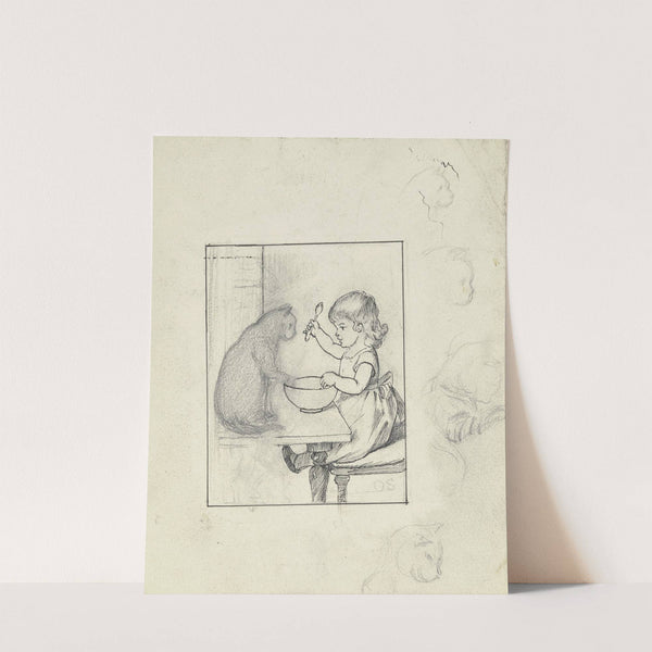 Kind am Esstisch mit Katze, rechts vier Skizzen eines Katzenkopfes im Profil by Otto Scholderer