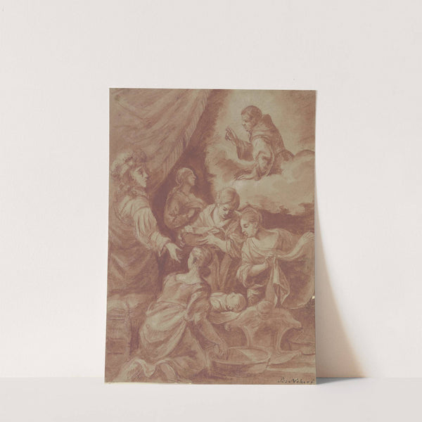 Kind in einer Wiege, von vier Frauen umgeben by Bernhard von Neher the elder