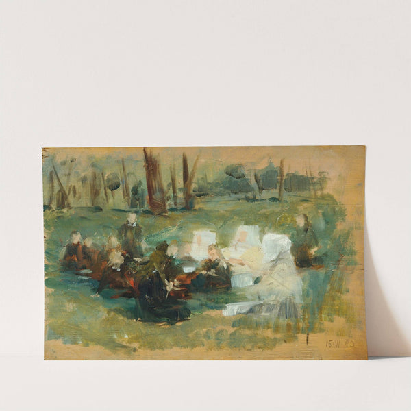 Kindergruppe mit drei weißgekleideten Nonnen und einem Geistlichen auf einer Waldwiese in der Sonne by Otto Friedrich
