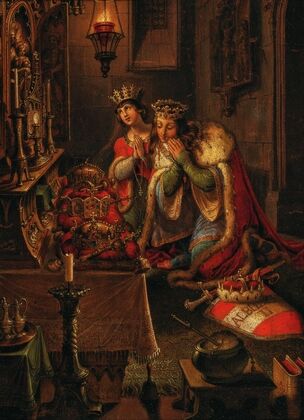 King Albert II and His Wife Elizabeth of Luxembourg in Prayer, on the Altar the Crowns of Bohemia and Hungary, as well as the Imperial Crown of the Holy Roman Empire