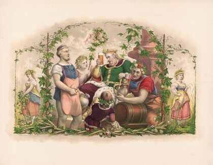King Gambrinus seated, attended by brewers (1878)