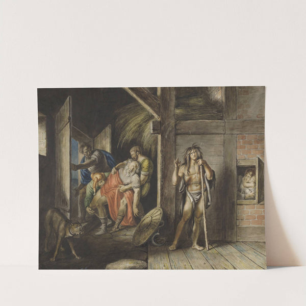 King Lear, III, 6, chamber in a farm house, Kent, Gloucester, and fool bearing the king (1829) by Johann Heinrich Ramberg