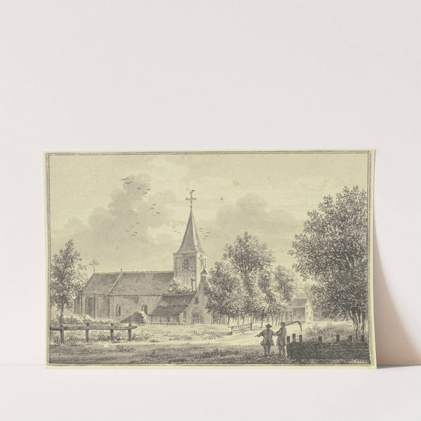 Kirche an der Landstrasse, rechts zwei Männer, der eine trägt eine Sense by Pieter Jan van Liender