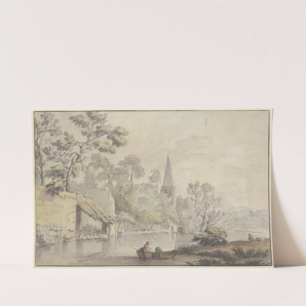 Kirchturm und einige Gebäude an einem Wasser, vorne zwei Frauen in einem Kahn by Jean-Baptiste Lallemand