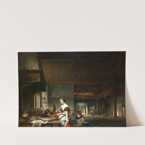 Kitchen interior with a woman cooking by Cornelis Bisschop