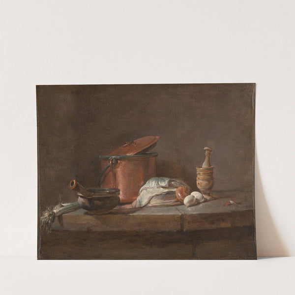Kitchen Utensils with Leeks, Fish, and Eggs (c. 1734) by Jean Siméon Chardin
