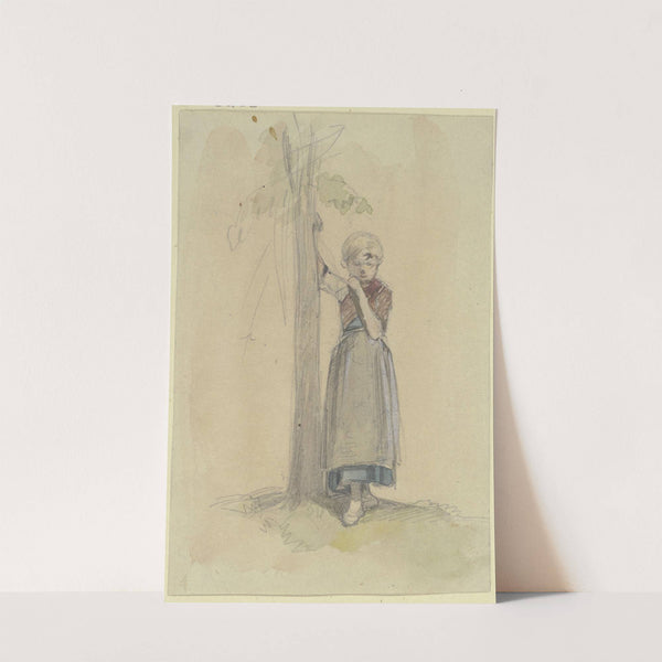 Kleines Mädchen, mit der rechten Hand sich an einen Baum lehnend, in nachdenklicher Haltung by Jakob Fürchtegott Dielmann