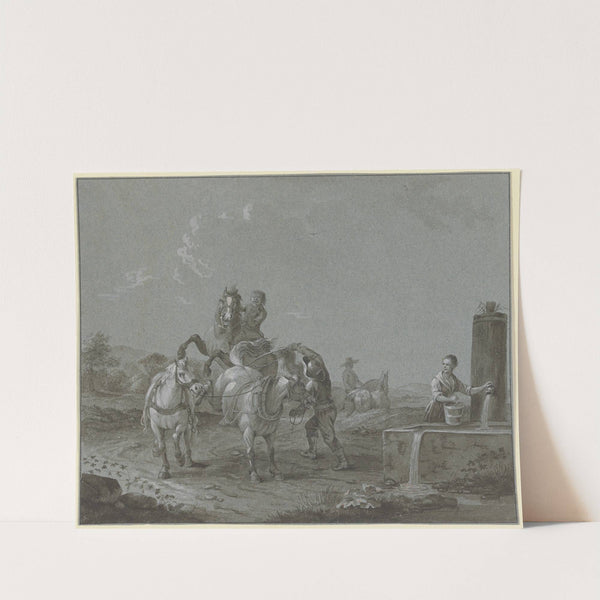 Knabe auf einem sich bäumenden Pferd, davor ein Knecht mit zwei Pferden, rechts eine junge Frau mit einem Eimer am Brunnen by Johann Georg Pforr