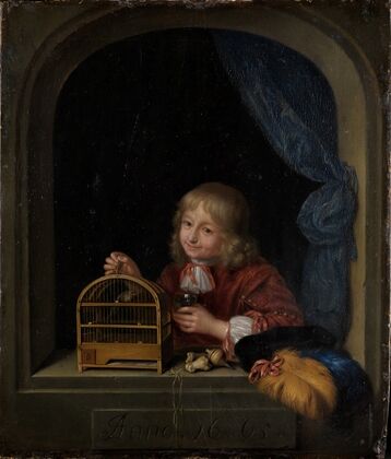 Knabe mit Vogelkäfig im Fenster