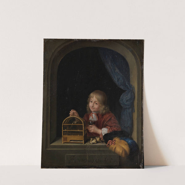 Knabe mit Vogelkäfig im Fenster by Frans van Mieris the Elder