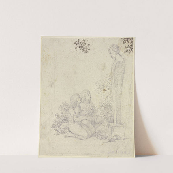 Knabe und Mädchen mit einer Taube vor einer männlichen Herme kniend by Johann Friedrich August Tischbein