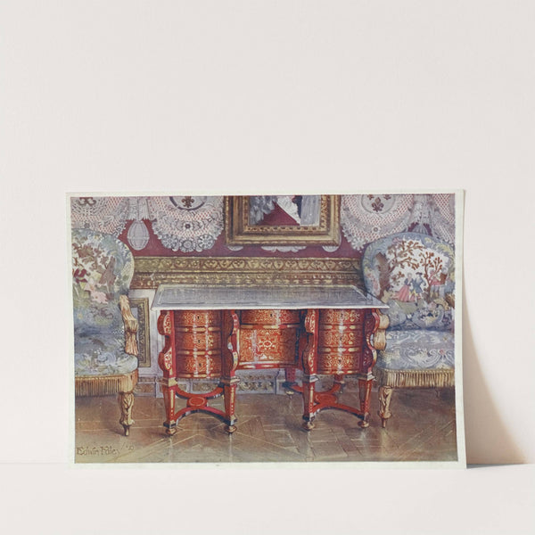 Kneehole writing table in red tortoiseshell. Lacquer steel top. Boulle. Gilt fauteuils, upholstered in tapestry by Edwin Foley