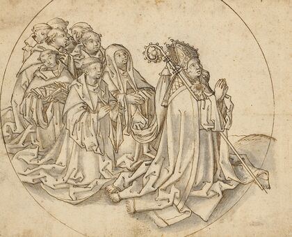 Kneeling bishop and eight monks — size preview