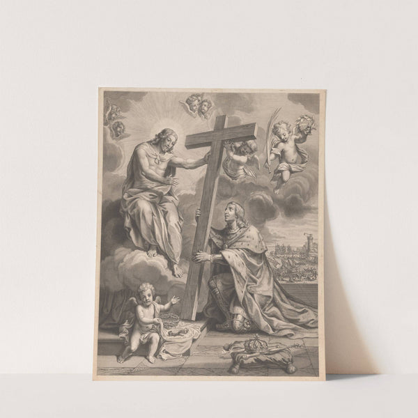 Kneeling king before Christ on a cloud, between them the cross by Francois de Poilly