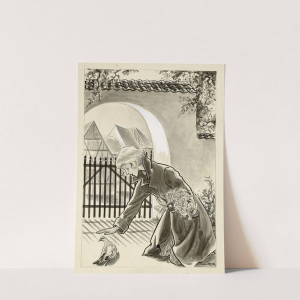 Knielend meisje bij een duif by Miep de Feijter