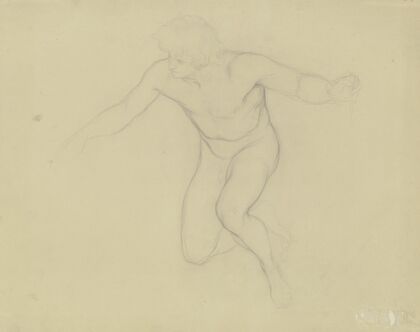 Kniender männlicher Akt in Vorderansicht, in leichter Vorbeugung die Arme ausgebreitet