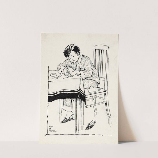 Knutselende jongen aan een tafel by Miep de Feijter