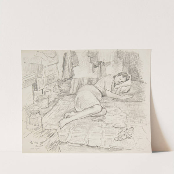 Kobieta śpiąca na kocu pośród paczek i naczyń by Ivan Ivanec