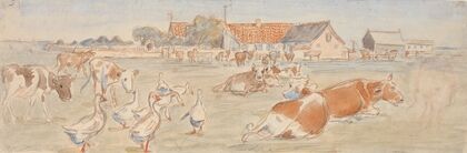 Køer og gæs ved Nyværk på Saltholm (udkast til dekoration af punchebolle) (1893)
