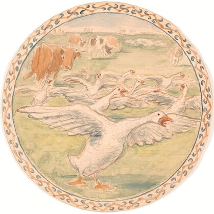 Køer og skræppende høns (udkast til keramisk fad) (1893)