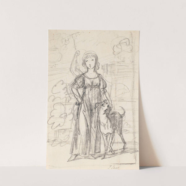 Kompositionsudkast til et portræt af en ung pige med højre hånd i siden og venstre arm om halsen på sin hund, stående ved en havetrappe (1790 – 1799) by Jens Juel