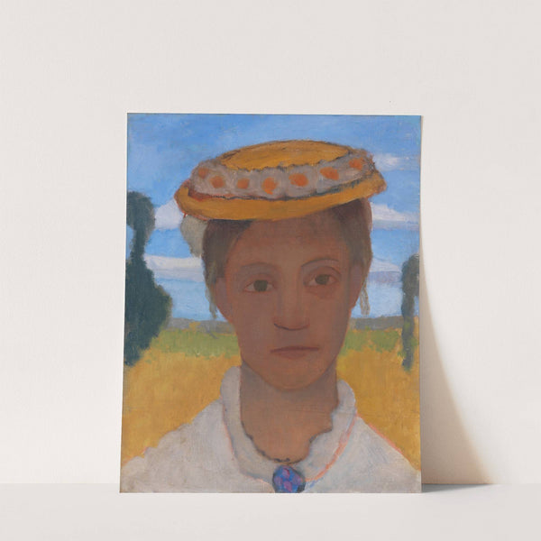 Kopf der Schwester Herma mit Marienblümchenkranz auf dem Hut by Paula Modersohn-Becker