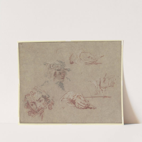 Kopf eines Flötisten, Kopf eines jungen Mannes mit flachem Barett, drei Hände, zwei Zeichenstift und Zirkel haltend by Nicolas Lancret