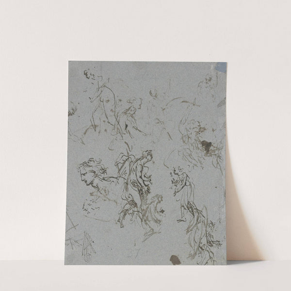 Kopf eines Mannes im Profil, mehrere schreitende Figuren sowie Federproben by Jacob de Wit