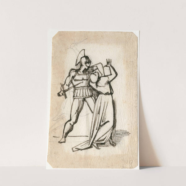 Krijger in antieke wapenrusting bedreigt vrouw m. zwaard by David Humbert de Superville