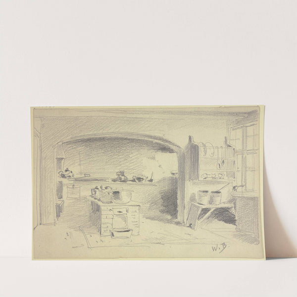 Küche mit Herd, Regal und Mauerbogen by Wilhelm Busch