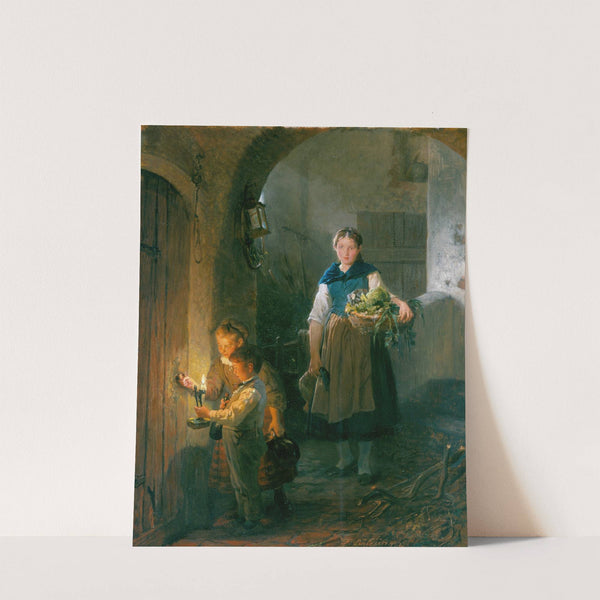 Küchenmagd mit Kindern im Vorratskeller by Felix Schlesinger