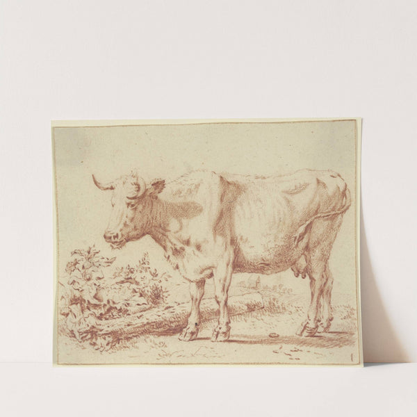 Kuh nach links bei einem am Boden liegenden Baumstamm by Paulus Potter