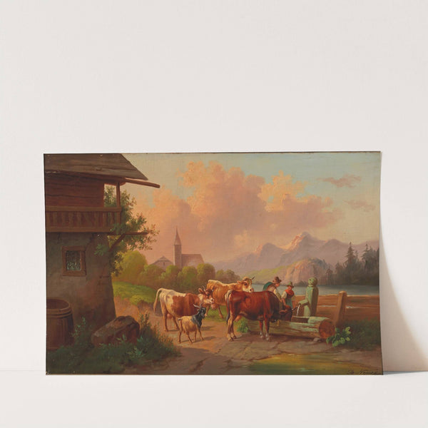 Kühe mit Hirte und Hirtin an der Tränke by Adolf Nowey