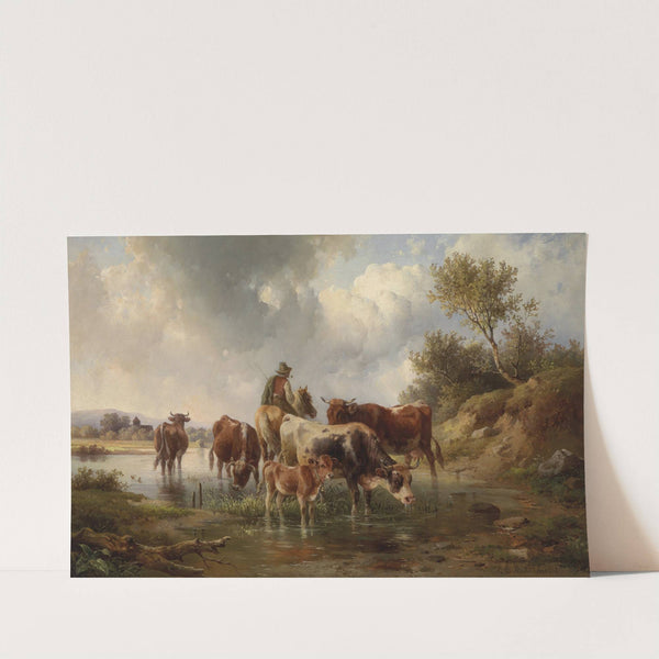 Kühe mit Hirten an der Furt by Edmund Mahlknecht