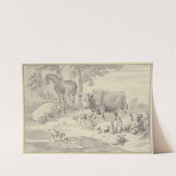 Kühe, Schafe, eine Ziege, ein Pferd und ein Hund bei einem Wasser by Dirck van Bergen