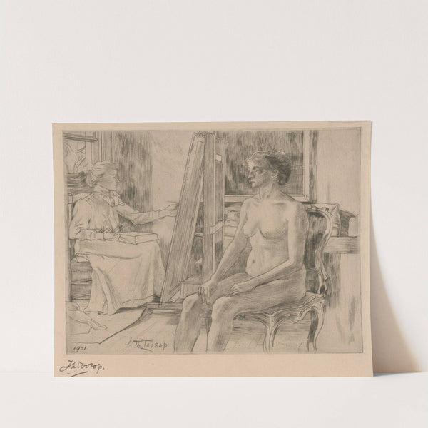 Kunstenares werkt naar vrouwelijk naaktmodel by Jan Toorop