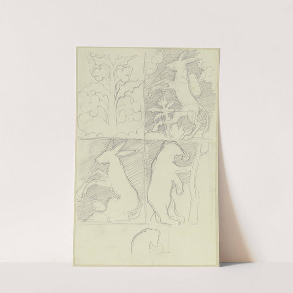 Kunstgewerbliche Entwürfe, in vier Feldern; Symmetrisches Gewächs, Esel mit Rucksack, Musizierender Esel und Bär mit Nasenring by Moritz von Schwind