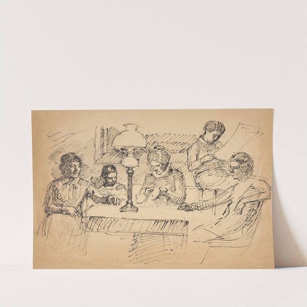 Kunstnerens familie siddende omkring et bord med en petroleumslampe by Peter Hansen