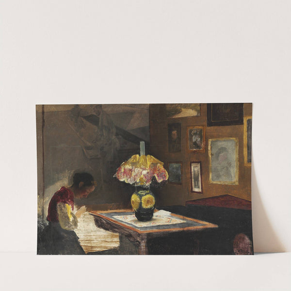 Kunstnerens hustru Sigrid syende ved lampelys. Karrebæksminde (1898) by Laurits Andersen Ring