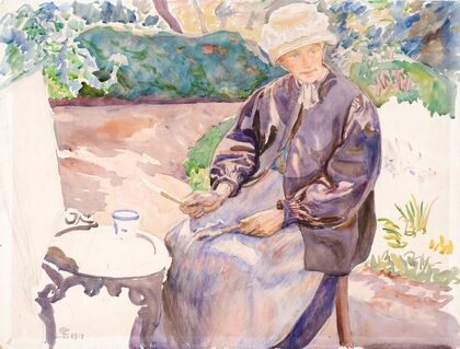 Kunstnerens kone, malerinden Anna Syberg, i smedens have