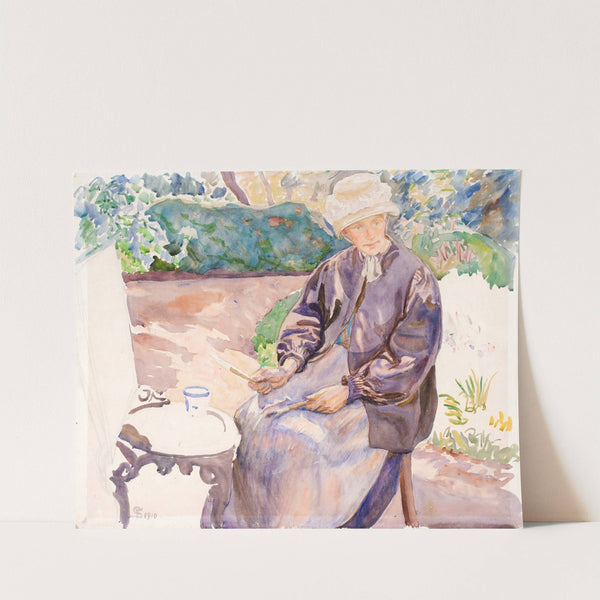 Kunstnerens kone, malerinden Anna Syberg, i smedens have by Fritz Syberg