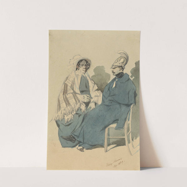 Kurassier met helm en blauwe mantel, zittend naast een oude dame in reistoilet by Henry Bonaventure Monnier