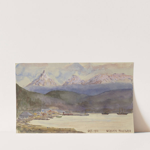 Küste von Feuerland mit Ortschaft, im Hintergrund Hochgebirge (1906) by Fritz Hauck