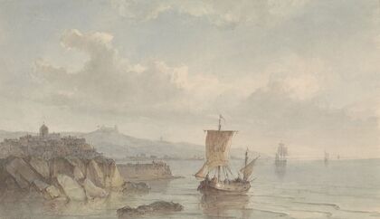 Kustlandschap met haven en schepen op het water