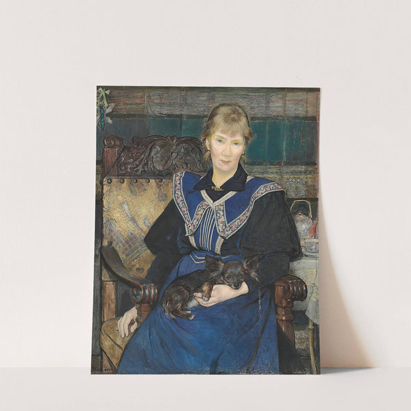 Kvinde i blå kjole med en lille hund i skødet by Bertha Wegmann